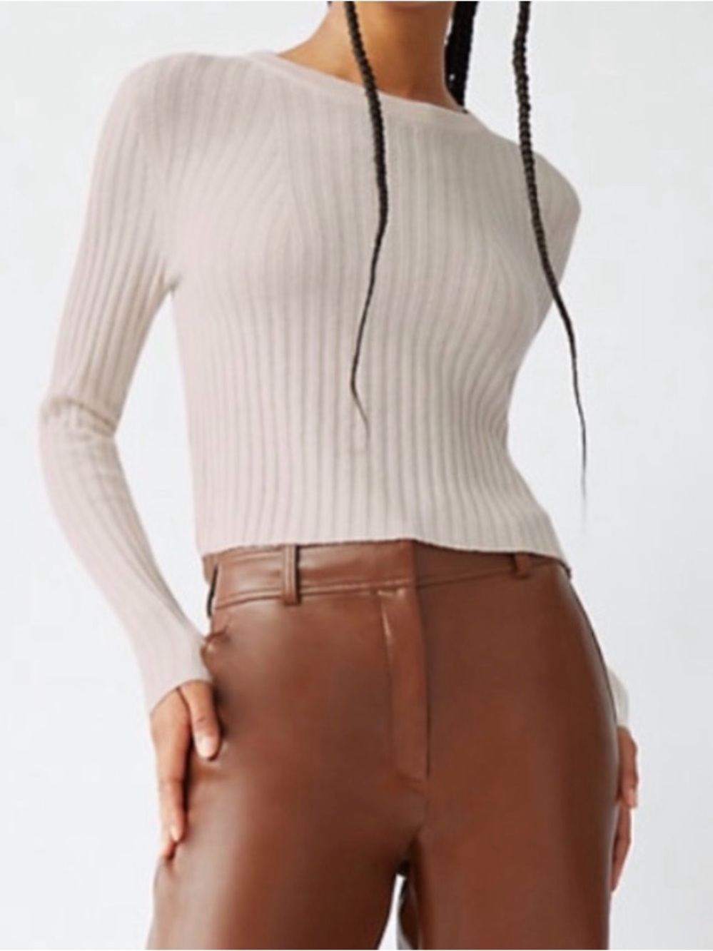 Babaton Nathaniel Ribbed Long-Sleeve Crewneck Cropped Sweater Oatmeal